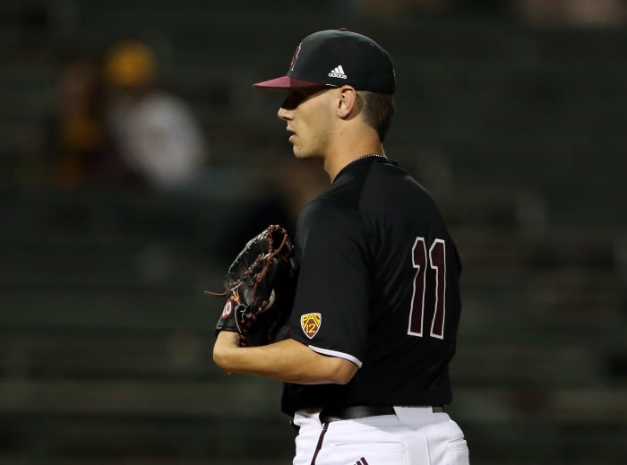 SF Giants pitching prospect RJ Dabovich looks towards the plate while he was playing for Arizona State.